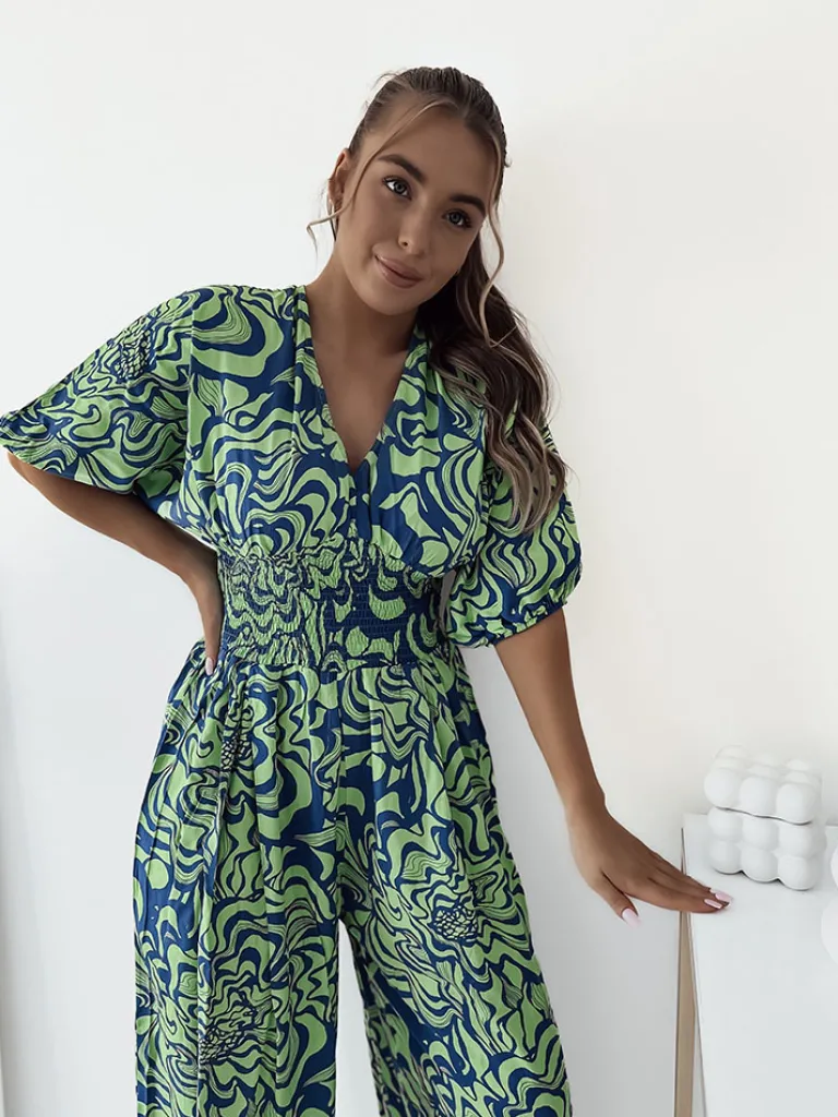 Outlet Wzorzysty kombinezon damski Spodnie Materiałowe|Kombinezony