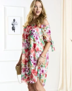 Sale Zielona damska sukienka a'la hiszpanka z kolorowymi kwiatami Sukienki Letnie|Sukienki Krótkie