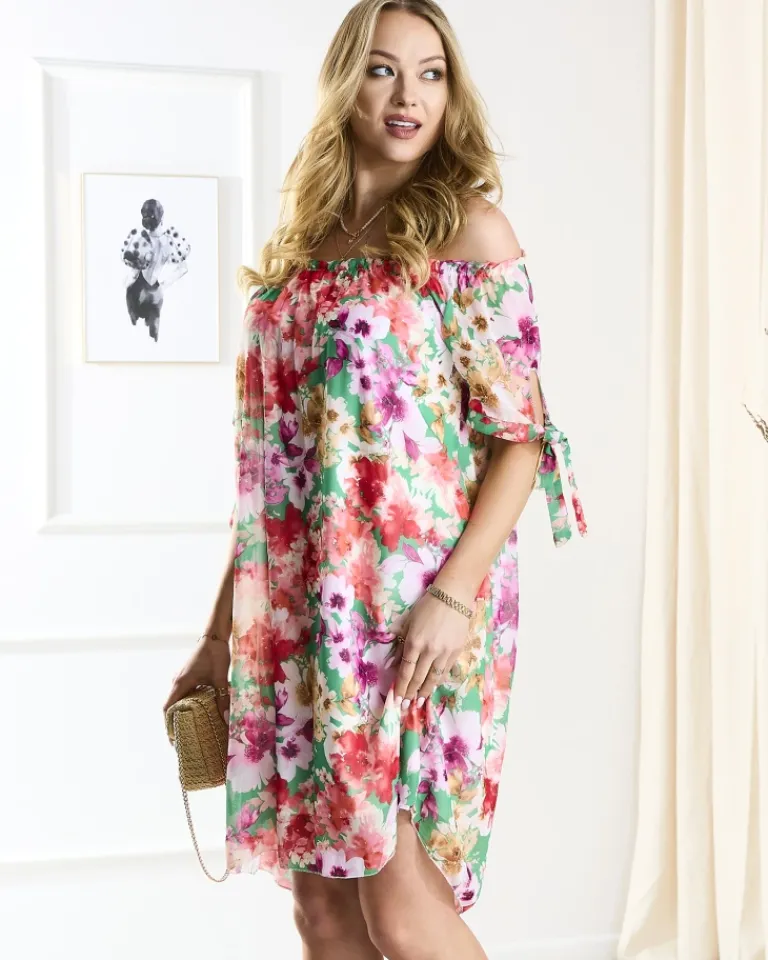 Sale Zielona damska sukienka a'la hiszpanka z kolorowymi kwiatami Sukienki Letnie|Sukienki Krótkie