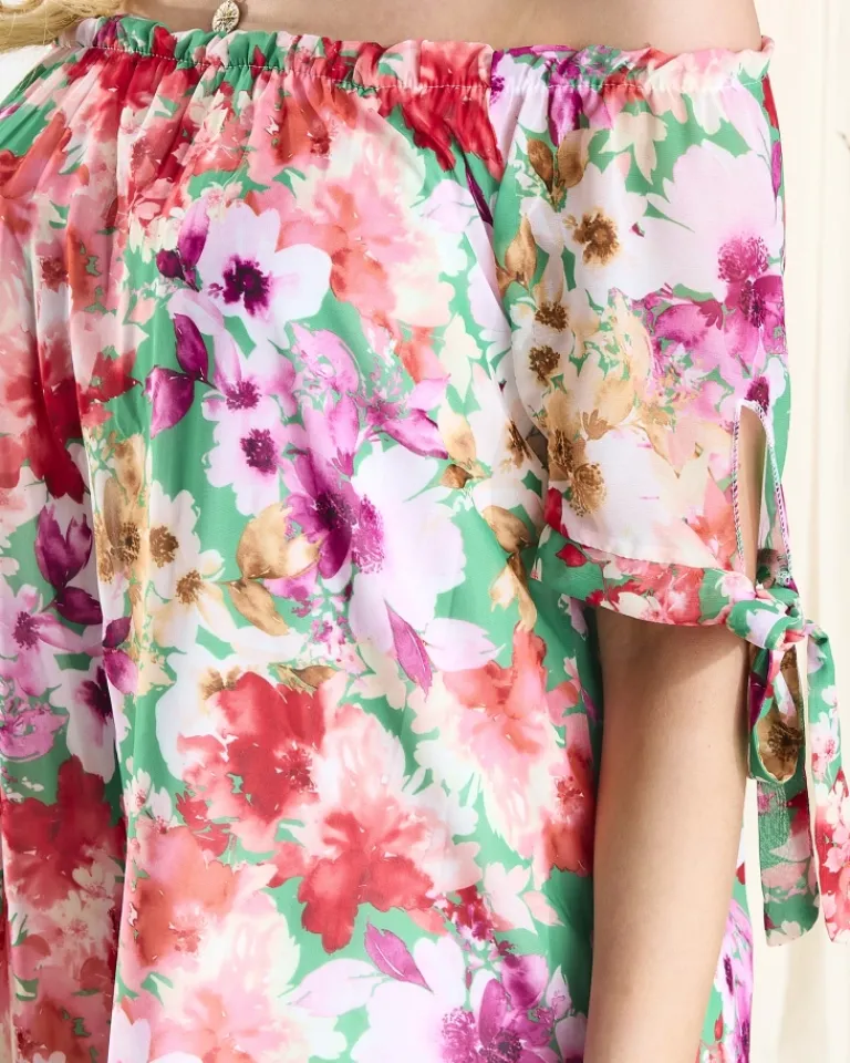 Sale Zielona damska sukienka a'la hiszpanka z kolorowymi kwiatami Sukienki Letnie|Sukienki Krótkie