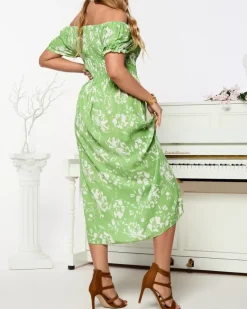 Best Zielona damska sukienka midi z roślinnym wzorem Plus Size