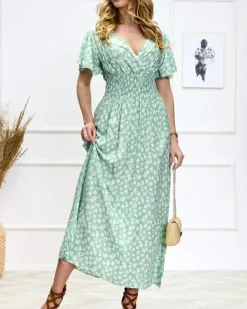 Hot Zielona damska sukienka maxi w kwiecisty wzór Sukienki Letnie|Sukienki Długie