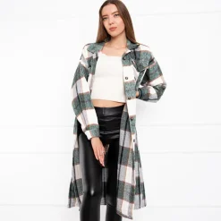 Zielona długa koszula damska w kratę Bluzki / Koszule / Koszulki