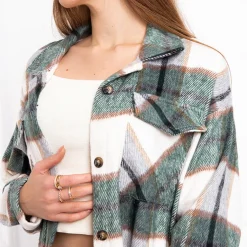 Zielona długa koszula damska w kratę Bluzki / Koszule / Koszulki