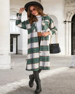 Zielona długa koszula damska w kratę Bluzki / Koszule / Koszulki