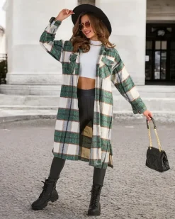 Zielona długa koszula damska w kratę Bluzki / Koszule / Koszulki