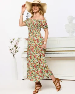 Zielona sukienka damska midi we wzór w kwiaty Sukienki Letnie|Sukienki Długie