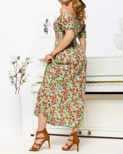 Zielona sukienka damska midi we wzór w kwiaty Sukienki Letnie|Sukienki Długie