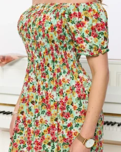 Zielona sukienka damska midi we wzór w kwiaty Sukienki Letnie|Sukienki Długie