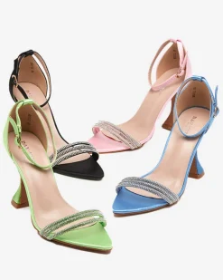 Discount Zielone damskie sandałki na szpilce z ozdobnymi cyrkoniami Manestri Szpilki|Sandały Na Szpilce