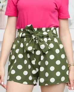 Best Zielone damskie materiałowe krótkie spodenki w groszki Szorty|Krótkie Spodenki