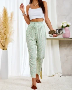 Zielone damskie bawełniane spodnie w kwiaty Plus Size|Spodnie Materiałowe