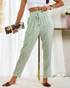Zielone damskie bawełniane spodnie w kwiaty Plus Size|Spodnie Materiałowe