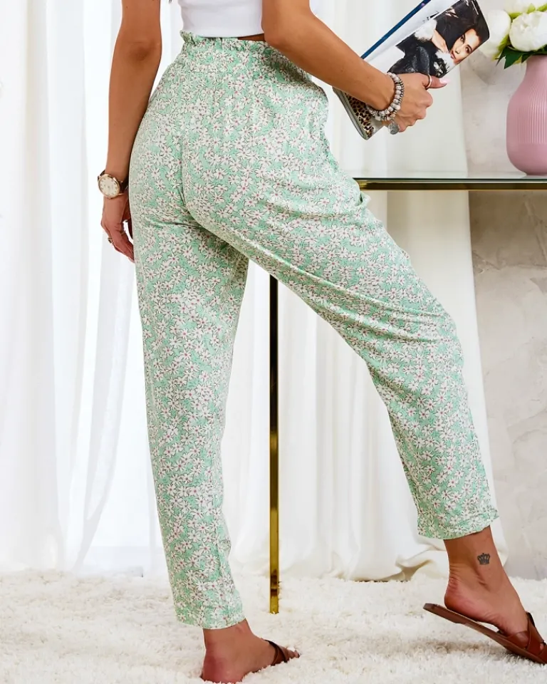 Zielone damskie bawełniane spodnie w kwiaty Plus Size|Spodnie Materiałowe