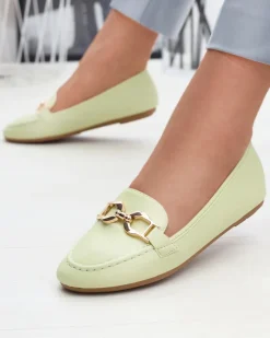 Zielone eko-skórzane damskie mokasyny z ozdobą Wiwet Mokasyny Na Płaskiej Podeszwie