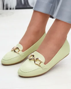 Zielone eko-skórzane damskie mokasyny z ozdobą Wiwet Mokasyny Na Płaskiej Podeszwie