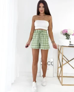 Zielone krótkie spodenki damskie w kratę Szorty|Krótkie Spodenki