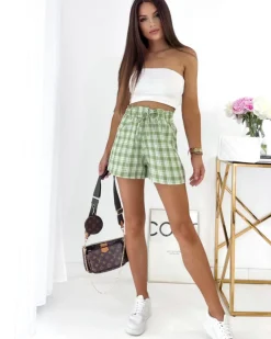 Zielone krótkie spodenki damskie w kratę Szorty|Krótkie Spodenki