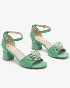 Clearance Zielone sandały damskie na słupku z ozdobnymi kryształkami Cerosso Buty Na Wielkie Wyjście|Sandały Na Słupku