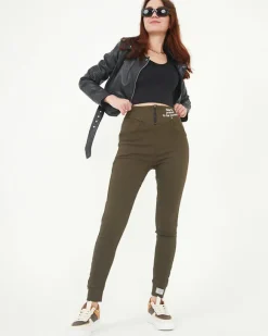 Sale Zielone tregginsy damskie materiałowe z ozdobnymi napisami Legginsy / Tregginsy|Spodnie Materiałowe