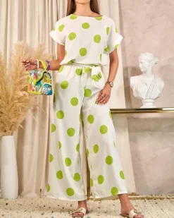 Sale Zielono - biały damski komplet w groszki Damskie Komplety Damskie