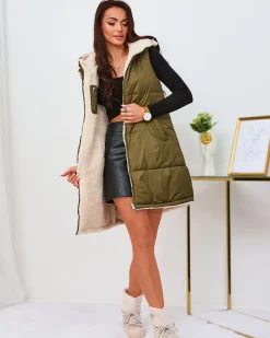 Clearance Zielono-owa długa dwustronna kamizelka damska Kurtki / Marynarki / Płaszcze