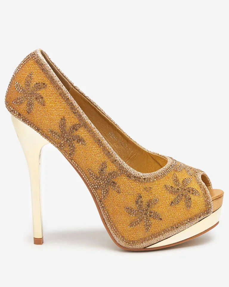 Discount Złote brokatowe damskie szpilki z cyrkoniami Yilla Szpilki|Klasyczne