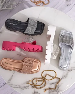 Sale Złote klapki damskie z cyrkoniami Emkoy Klapki Na Obcasie