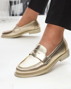 Online Złote mokasyny damskie z eko skóry Zibom Półbuty|Mokasyny Na Płaskiej Podeszwie