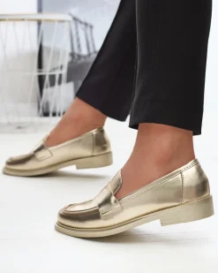 Online Złote mokasyny damskie z eko skóry Zibom Półbuty|Mokasyny Na Płaskiej Podeszwie