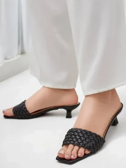 Hot Sandały Callista Nero – Czarne damskie szpilki ze skóry ekologicznej, lato Klapki Na Obcasie