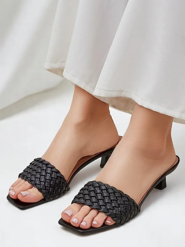 Hot Sandały Callista Nero – Czarne damskie szpilki ze skóry ekologicznej, lato Klapki Na Obcasie