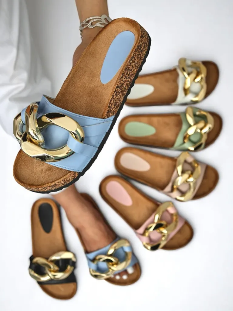 Sandały damskie Callista z łańcuchem – /niebieskie, płaski obcas Klapki Płaskie