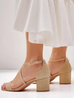 Outlet Sandały damskie Aurelia z tkaniny na słupku złote 41 Sandały Na Słupku