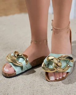 Sandały damskie Thalia zielone z łańcuchem na płaskiej podeszwie Klapki Płaskie