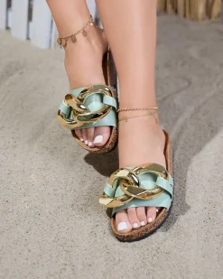 Sandały damskie Thalia zielone z łańcuchem na płaskiej podeszwie Klapki Płaskie