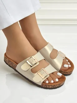 Sale Sandały damskie złote Ariadne Eco z płaską podeszwą na lato Klapki Płaskie