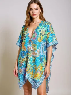 Discount Sukienka Pareo Aurora Riviera – kolorowa tkanina , dekolt V Narzutka Plażowa|Bluzki / Koszule / Koszulki