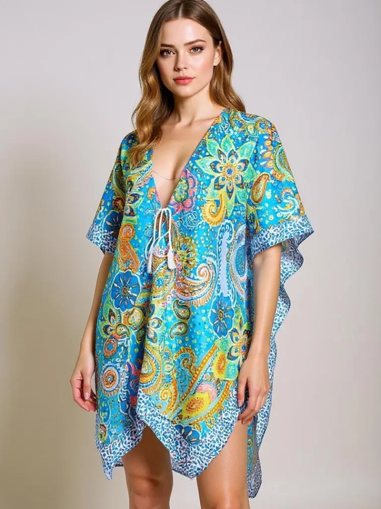 Discount Sukienka Pareo Aurora Riviera – kolorowa tkanina , dekolt V Narzutka Plażowa|Bluzki / Koszule / Koszulki