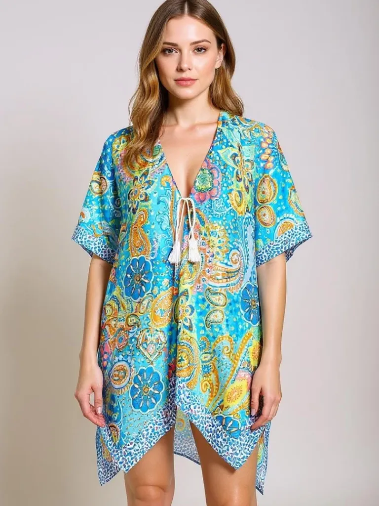 Discount Sukienka Pareo Aurora Riviera – kolorowa tkanina , dekolt V Narzutka Plażowa|Bluzki / Koszule / Koszulki