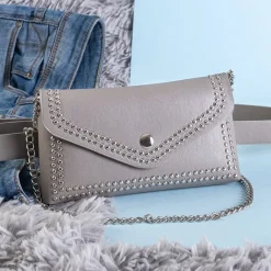 Outlet Szara mała torebka nerka z dżetami - Akcesoria Damskie Nerki I Saszetki|Wieczorowe