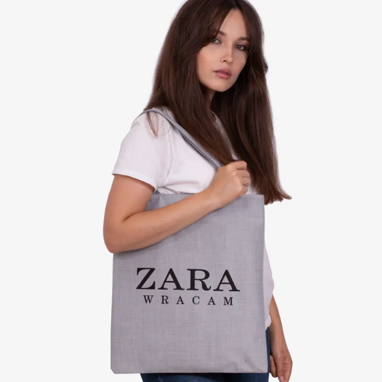 Clearance Szara materiałowa torba z napisem - Akcesoria Damskie Materiałowe