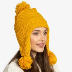 Sale Żółta damska ocieplana czapka z pomponami - Akcesoria Damskie Czapki I Kapelusze