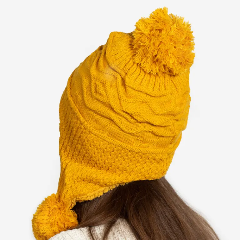 Sale Żółta damska ocieplana czapka z pomponami - Akcesoria Damskie Czapki I Kapelusze