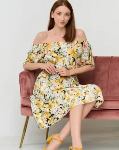 Sale Żółta sukienka do kolana w różnobarwny kwiatowy wzór- Odzież Sukienki Letnie|Sukienki Krótkie