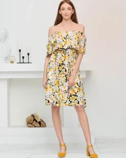 Sale Żółta sukienka do kolana w różnobarwny kwiatowy wzór- Odzież Sukienki Letnie|Sukienki Krótkie