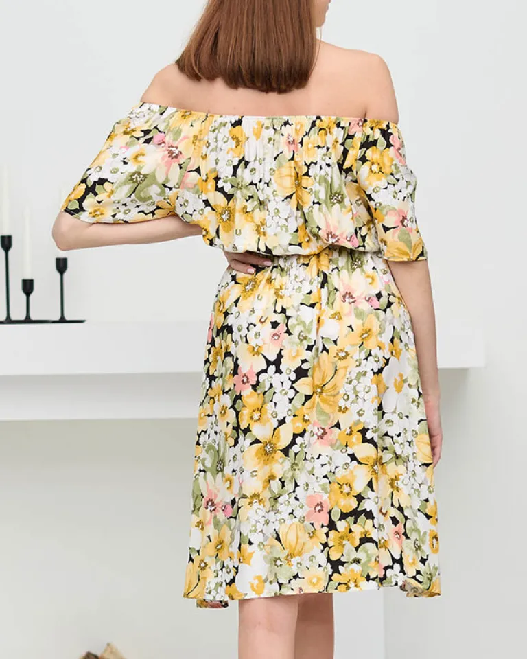Sale Żółta sukienka do kolana w różnobarwny kwiatowy wzór- Odzież Sukienki Letnie|Sukienki Krótkie