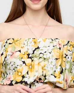 Sale Żółta sukienka do kolana w różnobarwny kwiatowy wzór- Odzież Sukienki Letnie|Sukienki Krótkie