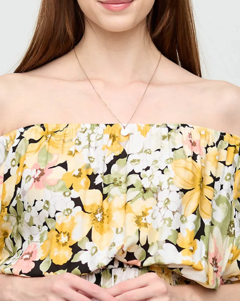 Sale Żółta sukienka do kolana w różnobarwny kwiatowy wzór- Odzież Sukienki Letnie|Sukienki Krótkie