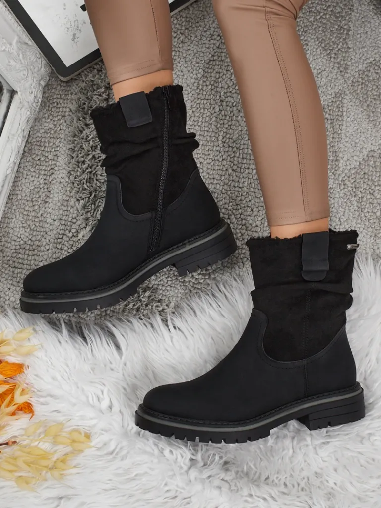 Sale Wyższe botki damskie eko zamszowe Liora Botki Z Delikatnym Ociepleniem|Botki Na Płaskim Obcasie